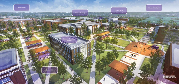 Aerial illustration from SFA's campus master plan.  Key locations include Steen Library, Science Building, Lehmann Chemistry Building, Central Quad, and Student Housing 1. 