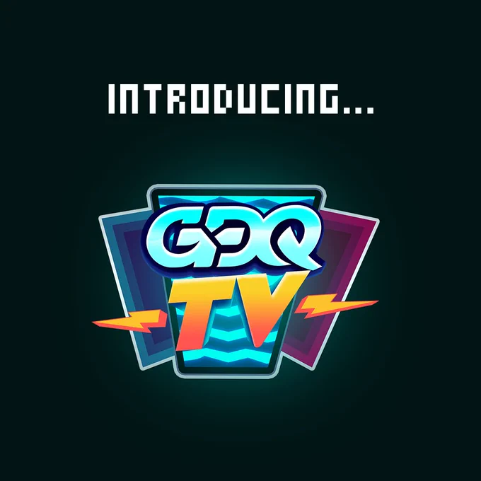 GDQ TV logo with bright blue and orange colors and lightning bolts on a black background 