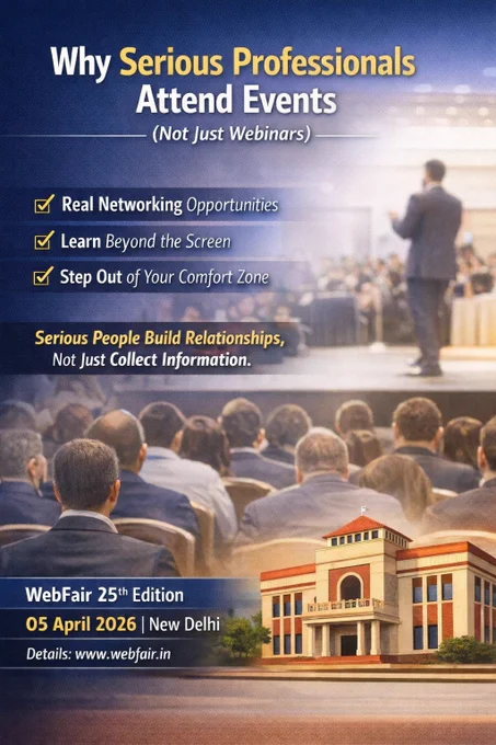 Why Serious Professionals Attend Events (Not Just Webinars)

Aaj kal knowledge free mein mil jata hai.

YouTube hai.
Webinars hai.
Recorded masterclasses hai.

Phir bhi serious professionals offline events attend karte hain.

Kyu?

Kyuki event sirf knowledge ke liye nahi hota.
Event exposure ke liye hota hai.

Room mein baith kar:

• Aap energy feel karte ho
• Aap real conversations karte ho
• Aap apne comfort zone se bahar nikalte ho
• Aap logon ko observe karte ho jo aapse 5–10 saal aage hain

Webinar mein aap ek viewer hote ho.
Event mein aap participant ban jaate ho.

Aur difference yahi hai.

Serious log sirf information collect nahi karte.
Wo relationships build karte hain.

Unhe pata hota hai:

Ek strong connection kabhi kabhi 6 mahine ki mehnat se zyada powerful hota hai.

Isi liye jo log growth ko seriously lete hain,
wo sirf screen par nahi rehte —
wo room mein aate hain.


WebFair 25th Edition
05 April 2026 | New Delhi
Details: https://www.webfair.in