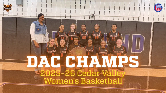 Dallas College Cedar Valley women's basketball team poses with the Dallas Athletic Conference trophy. 