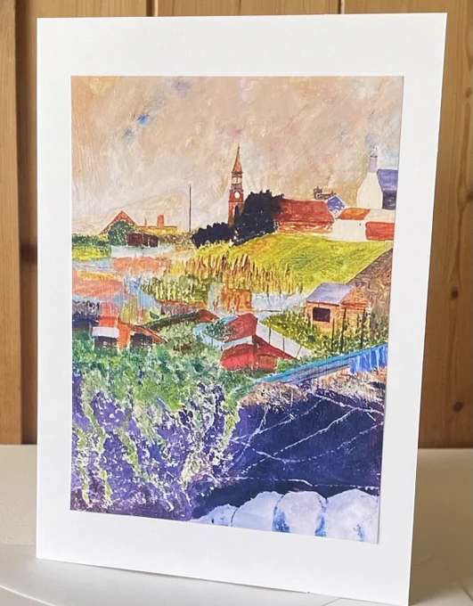 a colourful acrylic painting of a series of garden plots with huts and sheds in red and fences. there are plants, bushes and grass down a slope. the spire of a church is in the distance as well as some houses silhouetted  against the glow of a pink sky