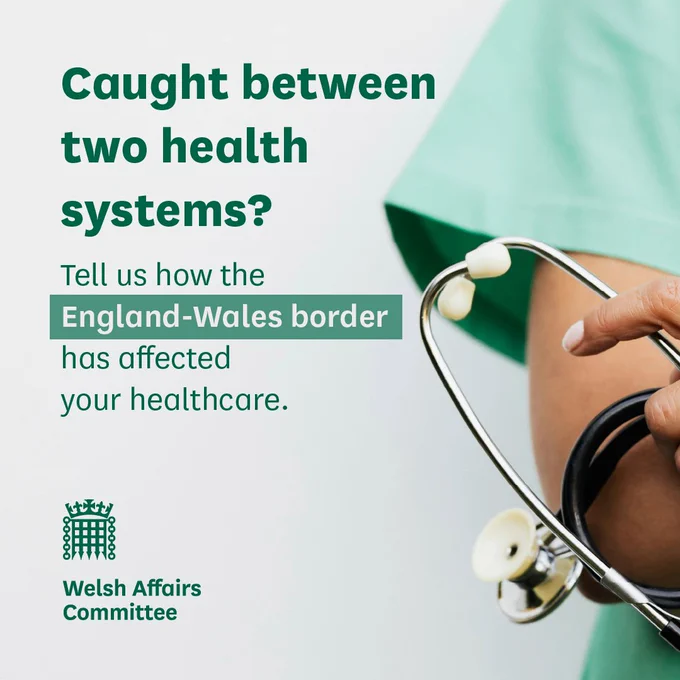An image of a doctor wearing a stethoscope with scrubs with text that reads 'Caught between two health systems? Tell us how the England-Wales border has affected your healthcare.'

Llun o feddyg yn gwisgo stethosgop a sgrybs. Testun sy'n darllen 'Wedi'ch dal rhwng dwy system iechyd? Rhowch wybod i ni sut mae'r ffin rhwng Cymru a Lloegr wedi effeithio ar eich gofal iechyd.'
