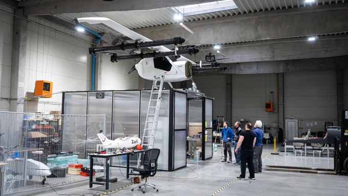 Zuri  technology demonstrator 1.0 positioned on top of a workshop room after being lifted by forklift to free up floor space for TD 2.0 work.