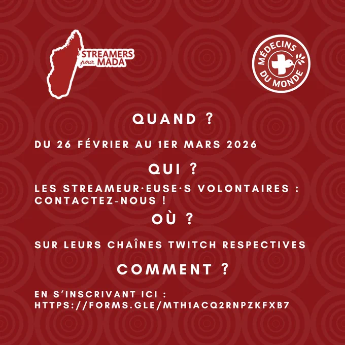     Diapositive pratique "Quand ? Qui ? Où ? Comment ?". Quand : Du 26 février au 1er mars 2026. Qui : Les streameurs et streameuses volontaires (contactez-nous !). Où : Sur leurs chaînes Twitch respectives. Comment : En s'inscrivant ici : https://forms.gle/MTH1ACq2RnpZkfxb7 .