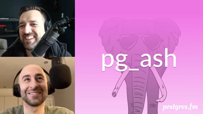 Pictures of Nik and Michael mid-recording, the episode title "pg_ash", against a pink backround with an elephant wearing sunglasses.