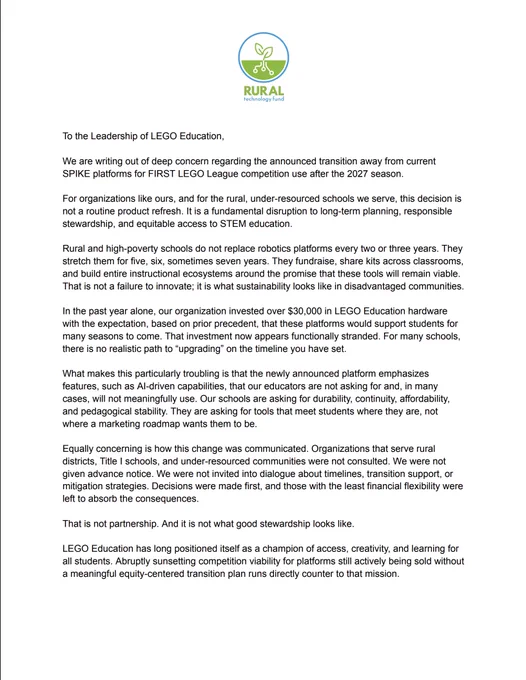 An open letter to LEGO Education, detailing the concern over the recent product changes and stressing the exclusion of rural communities that these changes will result in. 