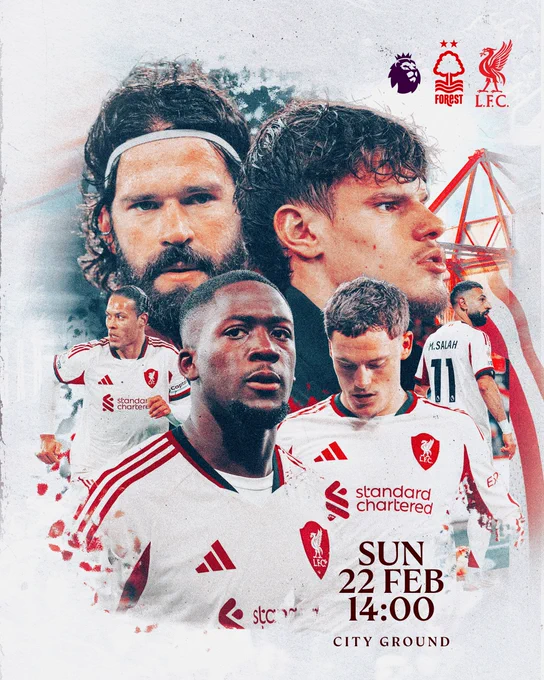 A matchday graphic for Nottingham Forest v Liverpool.

Fixture details:
Sunday 22 February
Premier League
City Ground 
14:00