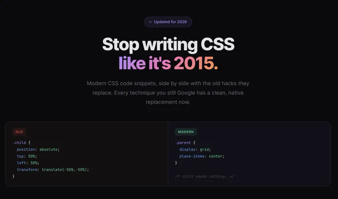 Comparaison de code CSS montrant une ancienne méthode de centrage avec position absolute et transform à gauche, et la méthode moderne avec display grid et place-items à droite.
