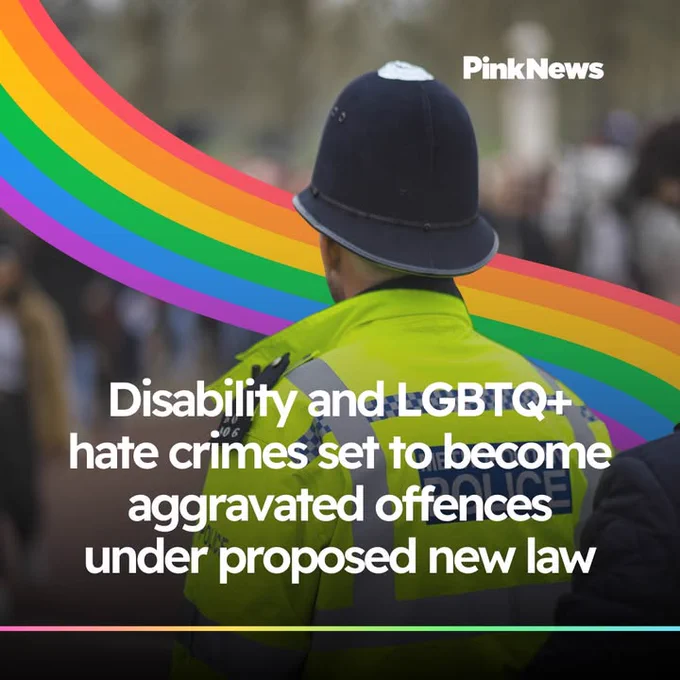 A person in a police uniform stands facing a crowd, with a rainbow design in the background. The image features text stating that disability and LGBTQ  hate crimes are set to become aggravated offences under a proposed new law, with the PinkNews logo at the top right.