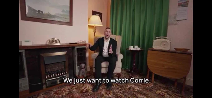 We all just want to watch Corrie.  Subtitle on Green Party political broadcast