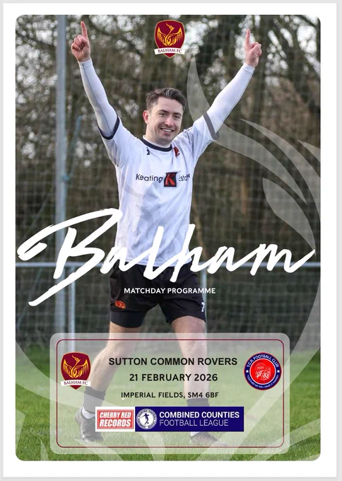 Matchday programme cover for Balham vs Sutton Common Rovers, Saturday 21 February, 3pm.