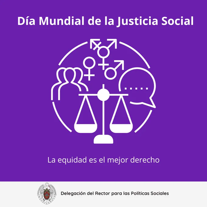 Fondo morado, letra blanca. En el centro hay una imagen circular con el símbolo de la justicia, un bocadillo de diálogo, figuras de personas y el simbolo femenino, masculino y trans. . Abajo del todo en una franja blanca aparece el logo de la universidad complutense y a su derecha, se lee: delegación del rector para las políticas sociales.