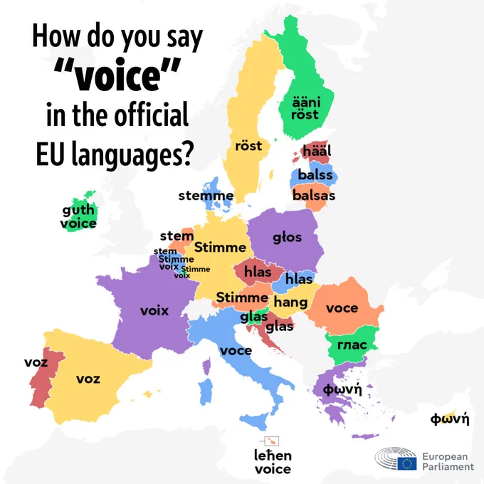 A map of EU countries showing how the word voice is said in all of the different member states. There is a European Parliament logo in the bottom right-hand corner.