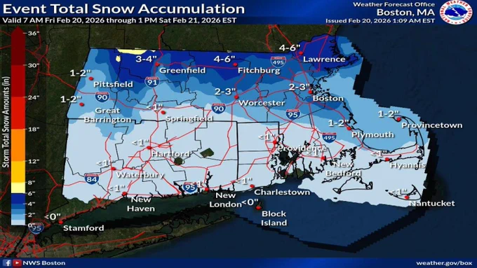 Graphic showing snowfall totals from a winter storm.
