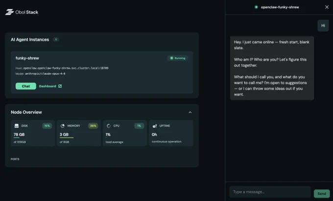 Obol Stack UI showing an OpenClaw instance