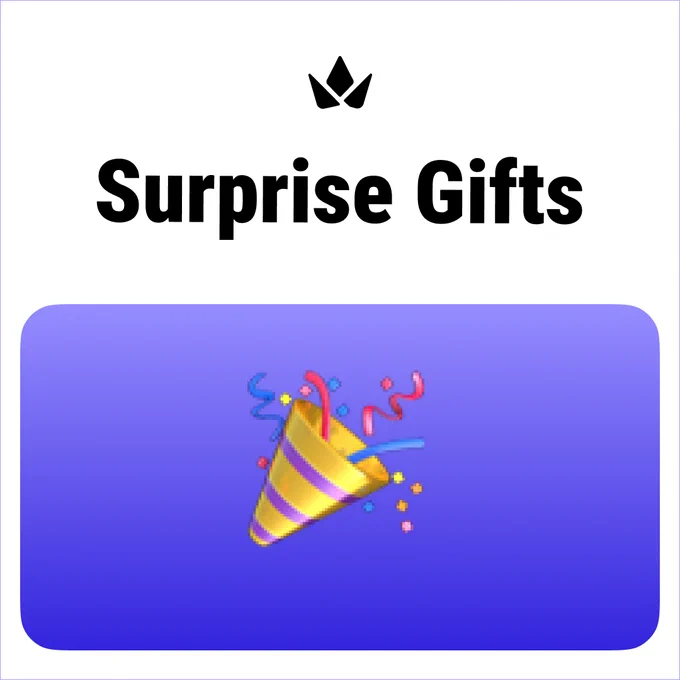 "Surprise Gifts" text above a party popper emoji on a purple background.