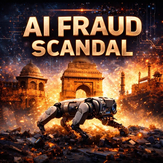 A robotic dog stands amidst a fiery backdrop featuring iconic Indian architecture, highlighting an AI fraud scandal.