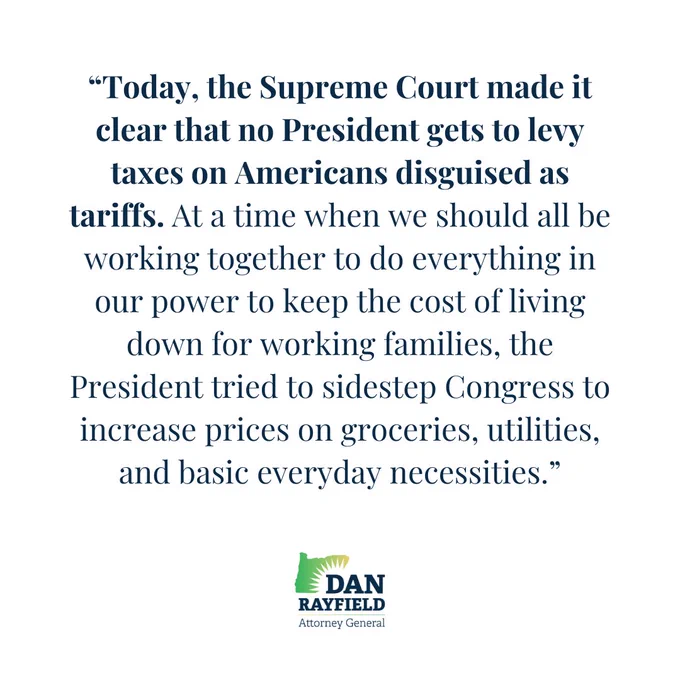 “Today, the Supreme Court made it clear that no President gets to levy taxes on Americans disguised as tariffs. At a time when we should all be working together to do everything in our power to keep the cost of living down for working families, the President tried to sidestep Congress to increase prices on groceries, utilities, and basic everyday necessities.”