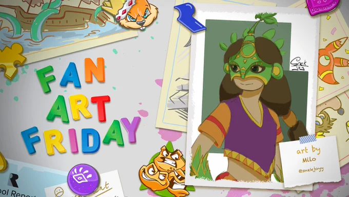 A cartoon fridge door with Fan Art Friday in colourful magnets. A framed piece of art on the right shows the masked gardener Leafos from Viva Piñata. Her mask is green and tapers to a plant-like point above her head, while her outfit is a colourful mix of purple, orange, red and yellow. Text reads: Art by Milo, @snekjoyy