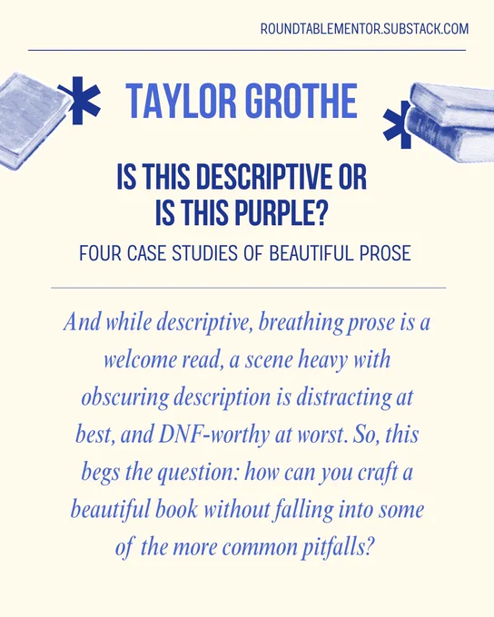 Taylor Grothe: Is this descriptive or is this purple? Four case studies of beautiful prose. And while descriptive, breathing prose is a welcome read, a scene heavy with obscuring description is distracting at best, and DNF-worthy at worst. So, this begs the question: how can you craft a beautiful book without falling into some of the more common pitfalls?