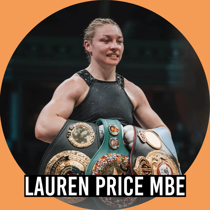 Lauren Price wearing boxing attire and holding multiple championship belts over her arms, standing in a boxing ring after a fight.