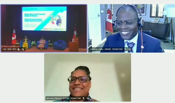 Capture d'écran MS Teams de la vidéo d'Ottawa (en haut à gauche), Adler Aristilde (en haut à droite) et Myriam Montrat (en bas au centre).