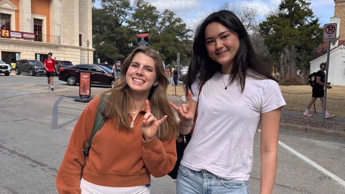 Students wearing burnt orange on campus on Longhorn Friday
