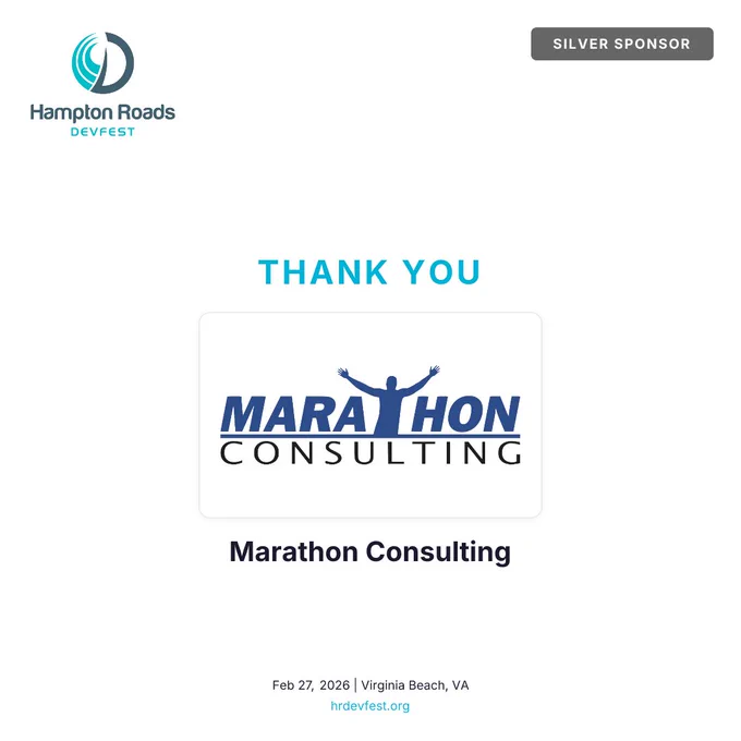 Marathon Consulting is recognized as a silver sponsor for the Hampton Roads DevFest on February 27, 2026, in Virginia Beach.
