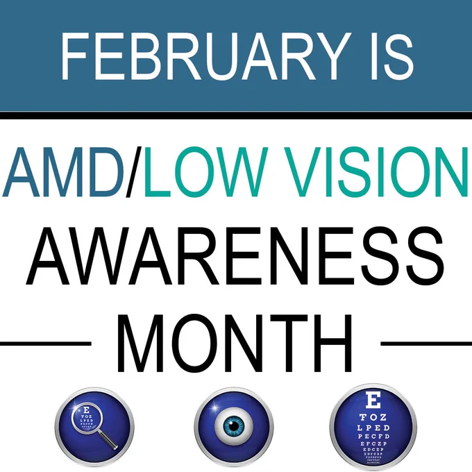 February is AMD and Low Vision Awareness Month. Round image of a magnifier magnifying an eye chart, a round image of an eye, and a round image of an eye chart.