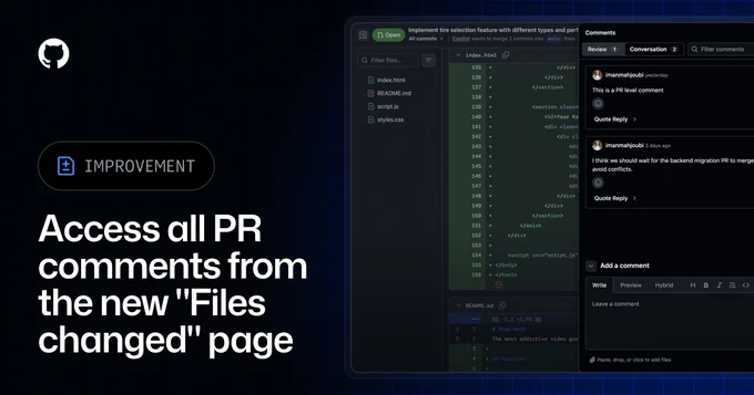 GitHub interface displaying code and a comments section. Text reads, "Improvement: Access all PR comments from the new 'Files changed' page."