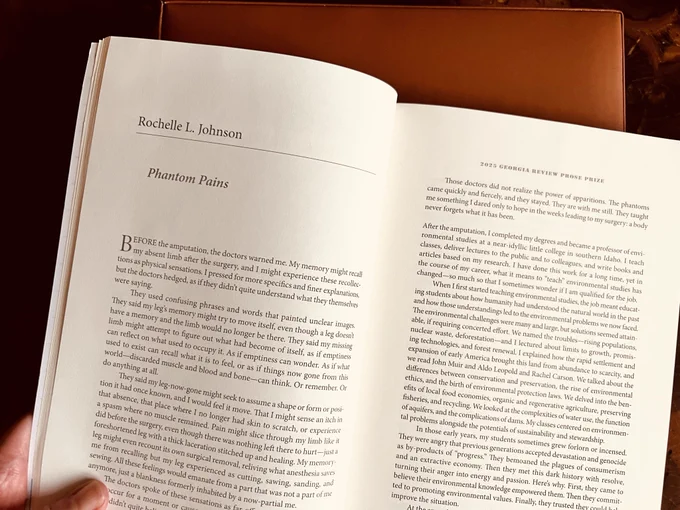 The issue open to reveal a slice of the first two pages of the essay. Top right page heading states: 2025 Georgia Review Prose Prize