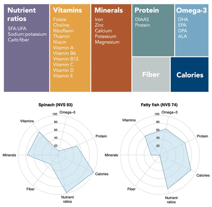 Infographic showing the 7 components of the Nutritional Value Score (NVS): nutrient ratios (SFA:UFA, sodium:potassium, carb:fiber), vitamins (10 including folate, choline, A, B6, B12, C, D, E), minerals (iron, zinc, calcium, potassium, magnesium), protein (DIAAS and protein content), omega-3 (DHA, EPA, DPA, ALA), fiber, and calories. Below, radar charts compare spinach (NVS 93) and fatty fish (NVS 74) across all 7 components, showing spinach excels in minerals and vitamins while fatty fish scores higher in protein and omega-3.