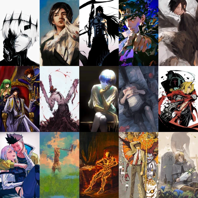 1. Tokyo ghoul
2. Attack on titan
3. Bleach 
4. JoJo’s bizarre adventure 
5. Choujin X
6. Code geass
7. Chainsaw man (part 1)
8. Houseki no kuni
9. Goodnight Punpun
10. Fullmetal Alchemist 
11. Cyberpunk Edge runners
12. Vinland saga 
13. Firepunch
14. Death note 
15. Mushoku tensei