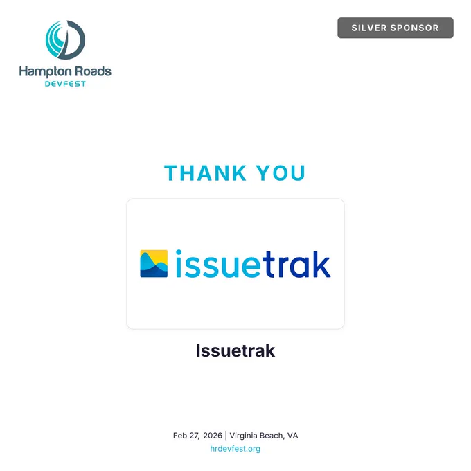Issuetrak logo featured prominently, acknowledging their role as a silver sponsor for Hampton Roads DevFest in Virginia Beach.