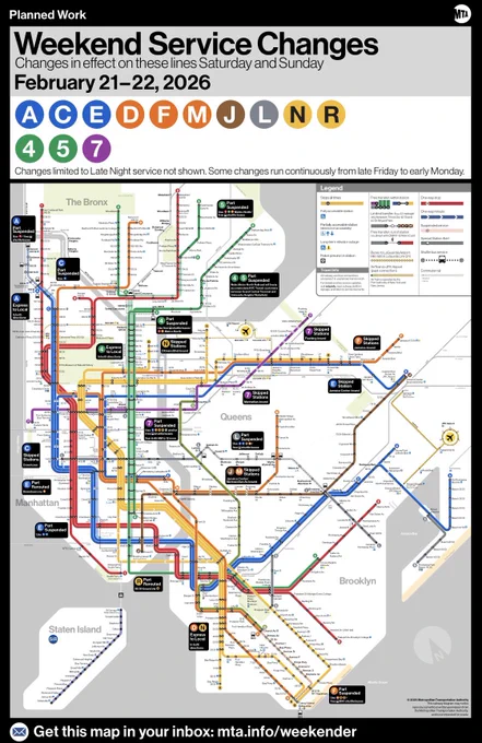 Weekend service change map between Feb 21 - 22, 2026