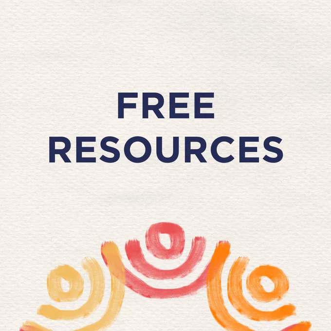Text reading "FREE RESOURCES" in bold blue letters, set above a colorful abstract watercolor painting on textured paper.