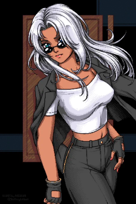A PC-98 style pixel art illustration of Elma from Xenoblade Chronicles X. She's wearing a shades, a dark pant suit with a low cut white tee, and fingerless gloves. The blazer is draped over her shoulders.