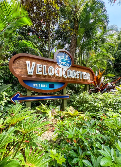 Photo of the VelociCoaster sign.