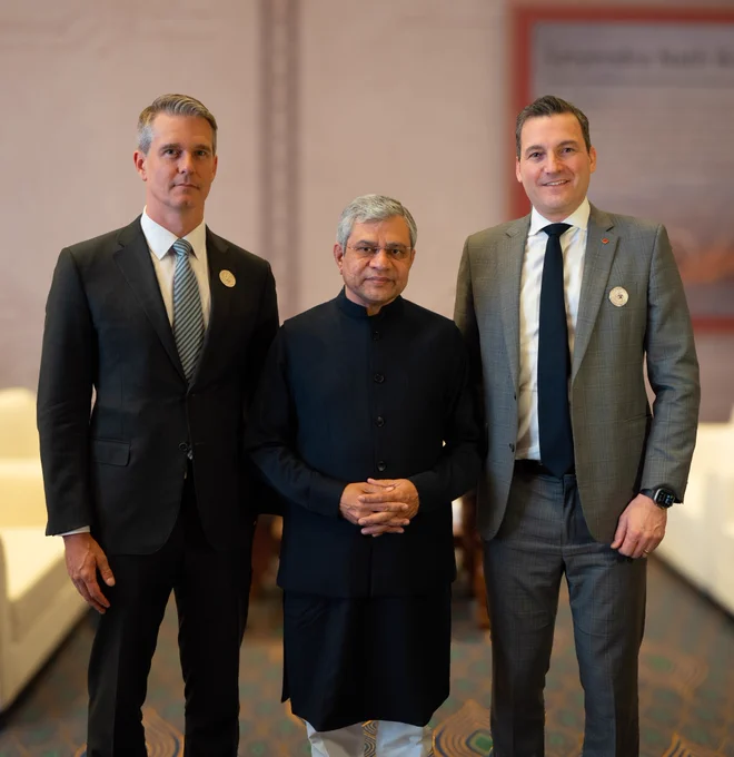 Andrew Charlton, Australia’s Assistant Minister for Science, Technology and the Digital Economy; Ashwini Vaishnaw, India’s Minister for Railways, Information and Broadcasting, and Electronics and Information Technology; and Minister Solomon.