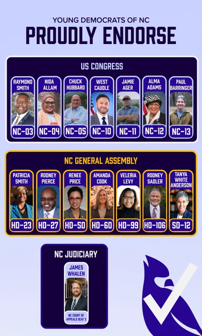 YDNC endorsements:

US Congress
Raymond Smith (NC-03)
Nida Allam (NC-04)
Chuck Hubbard (NC-05)
West Caudle (NC-10)
Jamie Ager (NC-11)
Alma Adams (NC-12)
Paul Barringer (NC-13)

NC State House
Patricia Smith (HD-23)
Rodney Pierce (HD-27)
Renee Price (HD-50)
Amanda Cook (HD-60)
Veleria Levy (HD-99)
Rodney Sadler (HD-106)

NC State Senate
Tanya White Anderson (SD-12)

NC Court of Appeals Seat #3
James Whalen