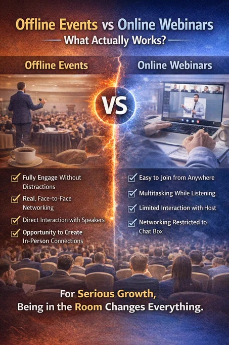 Offline Events vs Online Webinars – What Actually Works?

Online webinars convenient hote hain.

No travel.
No traffic.
No time commitment.

Bas login karo aur sun lo.

Lekin sawal ye hai —
Convenience se growth hoti hai ya commitment se?

Offline events mein:

• Aap distractions se door hote ho
• Aap actively participate karte ho
• Aap logon se real conversations karte ho
• Aap speaker se direct interaction kar sakte ho
• Aap networking breaks mein opportunities create karte ho

Online mein aap multitask karte ho.
Offline mein aap fully present hote ho.

Screen learning knowledge deta hai.
Room learning clarity deta hai.

Dono ka apna place hai.
But jab baat serious growth ki aati hai —
physical presence difference create karti hai.

Real opportunities usually chat box mein nahi,
Networking break mein milti hain.

Serious ho growth ko lekar?

WebFair 25th Edition
05 April 2026 | New Delhi
Details: https://www.webfair.in/

#WebFair #DigitalMarketing  #BusinessNetworking #OfflineEvents 