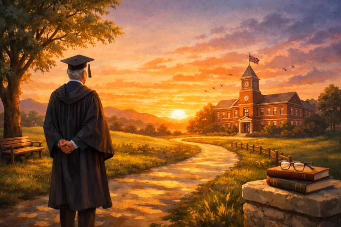 A headteacher in academic gown stands on a path at sunset, looking towards a school building in the distance, symbolising long service and stewardship in education.