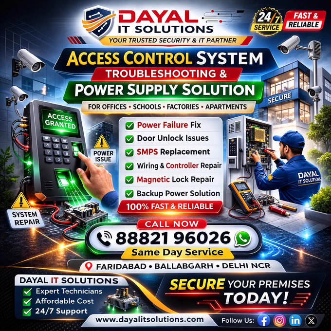     Access Control system not powering ON
✔ Door not unlocking or locking properly
✔ Power supply adapter failure
✔ Loose wiring or voltage fluctuation
✔ Controller not responding
✔ Magnetic lock not working
✔ Backup power (SMPS) failure