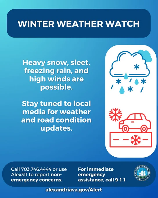 Winter Weather Watch alert with icons of clouds and snowflakes. Text advises of heavy snow, sleet, freezing rain, and high winds. Encourages staying tuned to local media for updates. Includes contact numbers for non-emergency concerns and emergencies. Alexandria city logo and website link provided.