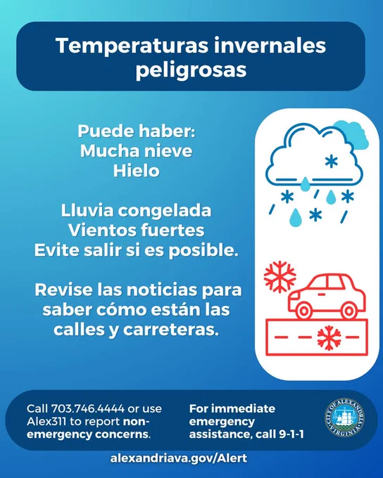Temperaturas invernales peligrosas
Puede haber:
Mucha nieve
Hielo
Lluvia congelada
Vientos fuertes
Evite salir si es posible.
 Revise las noticias para saber cómo están las calles y carreteras.
