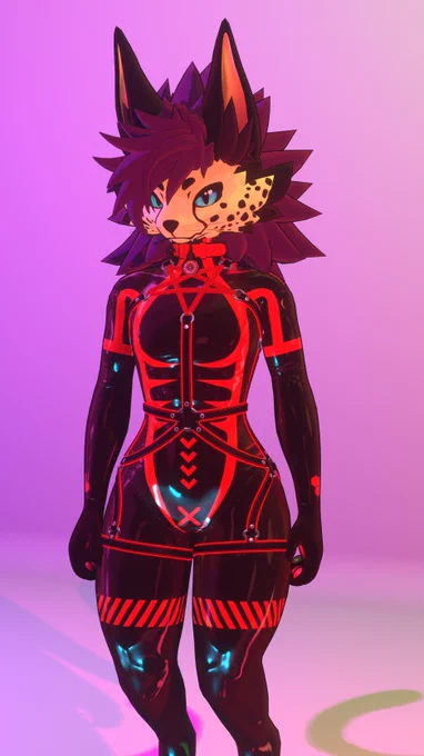 A cheetah novabeast in vrchat wearing a skin-tight latex suit with bright red markins on it and a black and red harness
