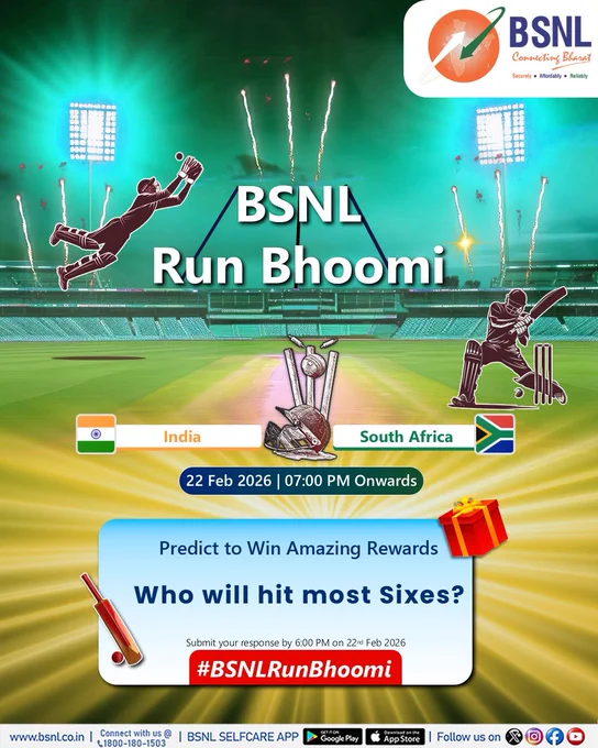 Cricket fever just got rewarding! 🏆
Predict the action with #BSNLRunBhoomi and score amazing prizes!
Submit your response before 6:00 PM (22 Feb 2026). 

Click on the link : https://forms.gle/p5sxxCZ8WCaTzFJE7

#BSNL #BSNLContest #ContestAlert #T20WorldCup #CricketContest #INDvsSA #WorldCup