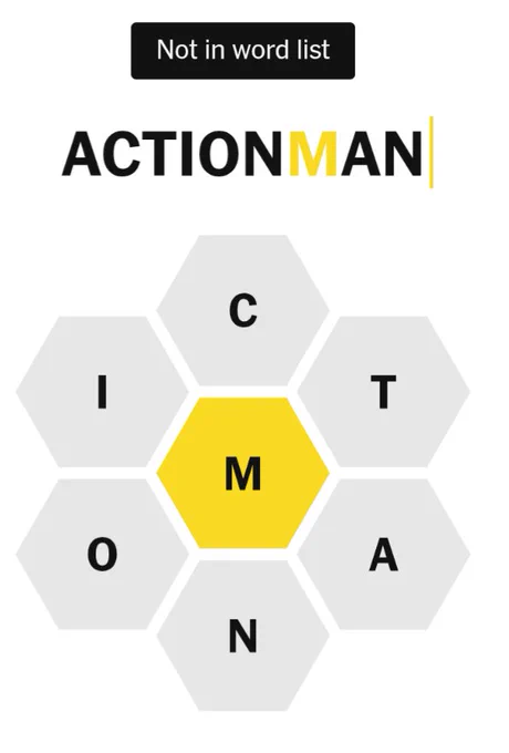 Screenshot of NYT Spelling Bee screen with ACTIONMAN noted as "Not in word list"