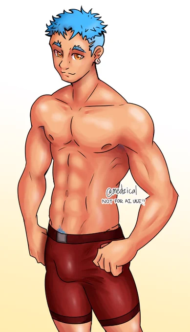 A digital drawing of Medzical's OC, Kane, shirtless in red boxer briefs