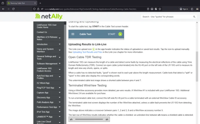 Uploading Results to Link-Live

The Link-Live upload icon in the app header indicates the status of uploaded or saved test results. Tap the icon to upload manually. See Uploading Test Results and Files in the Link-Live chapter for more information.
Open Cable TDR Testing

LinkRunner 10G can measure the length of a cable and detect some faults by measuring the electrical reflections of the cable using Time Domain Reflectometry (TDR). Connect an open cable (unterminated) into the RJ-45 port on the left side of the LR 10G unit to measure its length and view any shorts, opens, or splits.

When a cable has no detected faults, "good" is shown next to each pair above the length measurement. Cable tests that detect a "split" or "open" in the cable also display the corresponding words.

This unterminated cable test image shows a shorted cable between pins 4 and 7.
Terminated WireView Testing

Using a WireView accessory provides more detailed, per-wire results. A WireView #1 is included with you